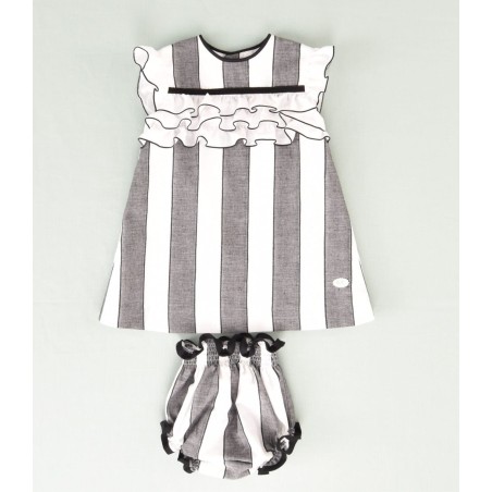 Vestido rayas negras y blancas bebe con detalle volante 2p  Colección primavera-verano 2025 de la marca española José Varón