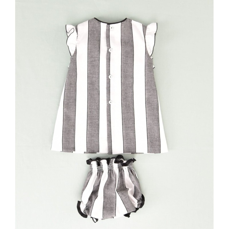 Vestido rayas negras y blancas bebe con detalle volante 2p  Colección primavera-verano 2025 de la marca española José Varón