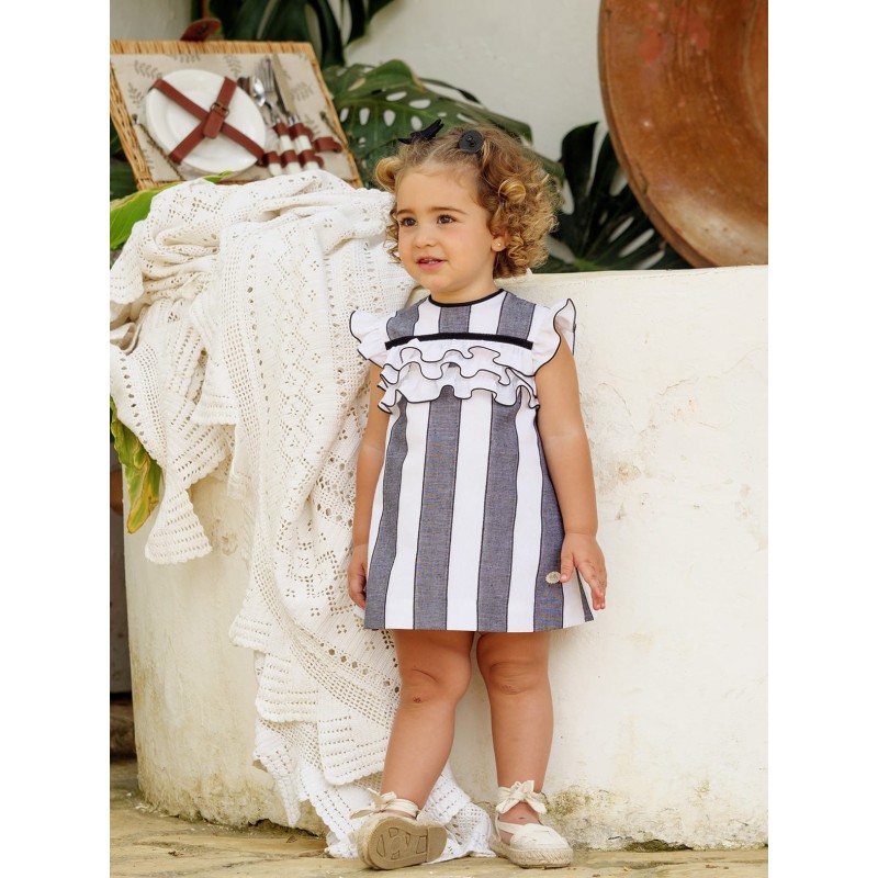 Vestido rayas negras y blancas bebe con detalle volante 2p  Colección primavera-verano 2025 de la marca española José Varón