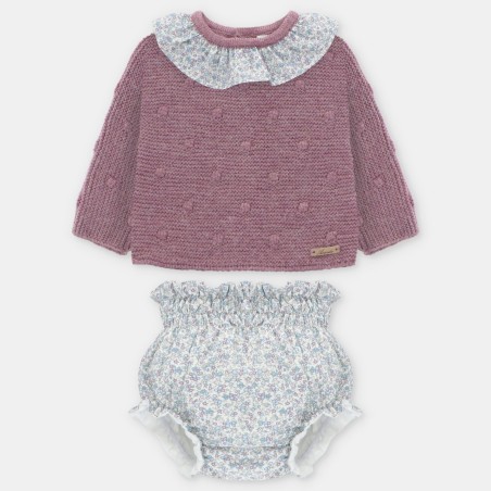 Conjunto braguita malva y flores liso sin topos de la marca española Martin Aranda