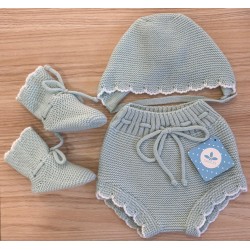 Conjunto tres piezas punto braga patuco capota