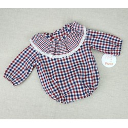 Pelele vichy rojo y azul con cuello de pinocho