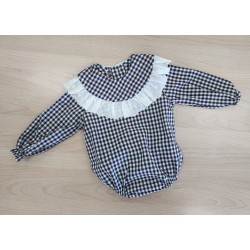 Pelele vichy azul y burdeos con cuello