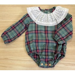 Pelele vichy verde cuello blanco bordado