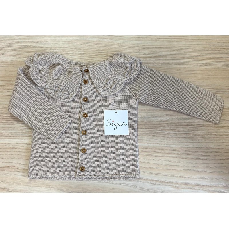 Chaqueta punto beige cuello bordado