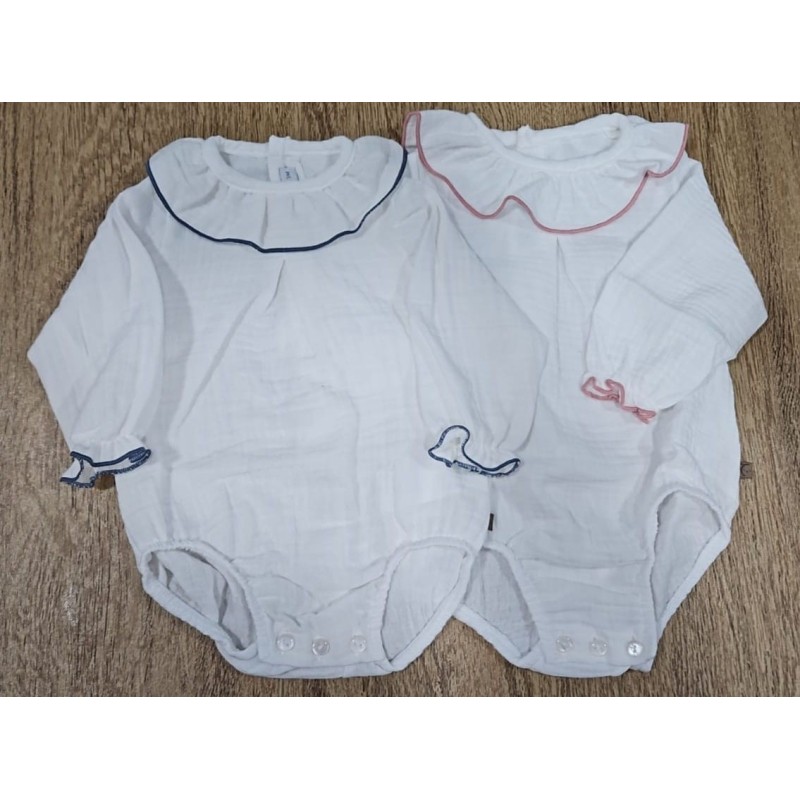 Pelele bambula calamaro blanco con filo rosa o azul