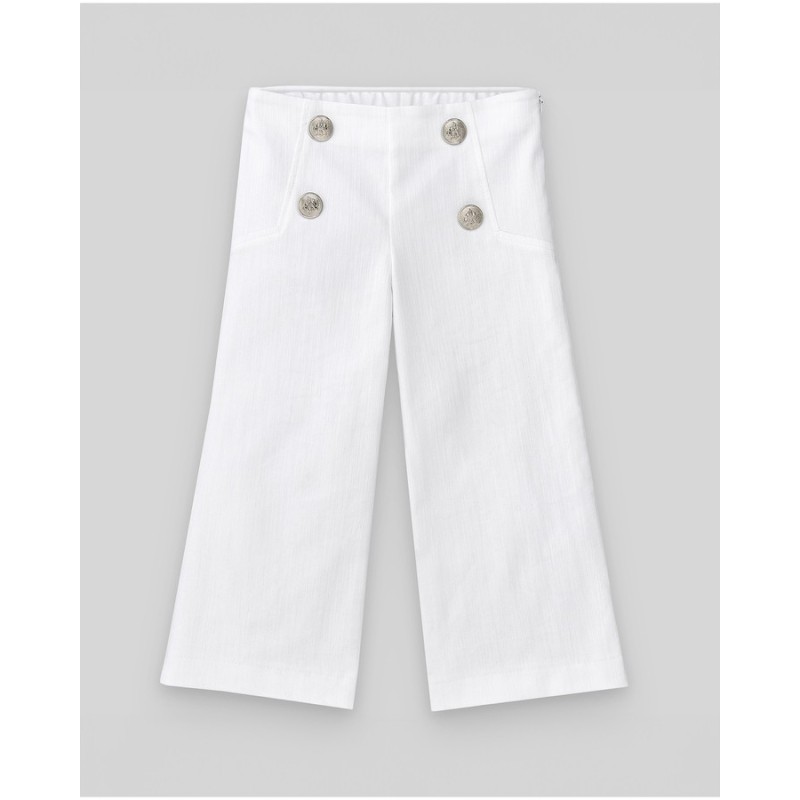 Pantalón largo blanco pata ancha  Colección primavera-verano 2025 de la marca española Paz Rodríguez