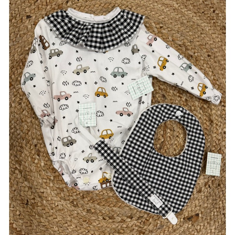 Pelele coches cuello vichy negro