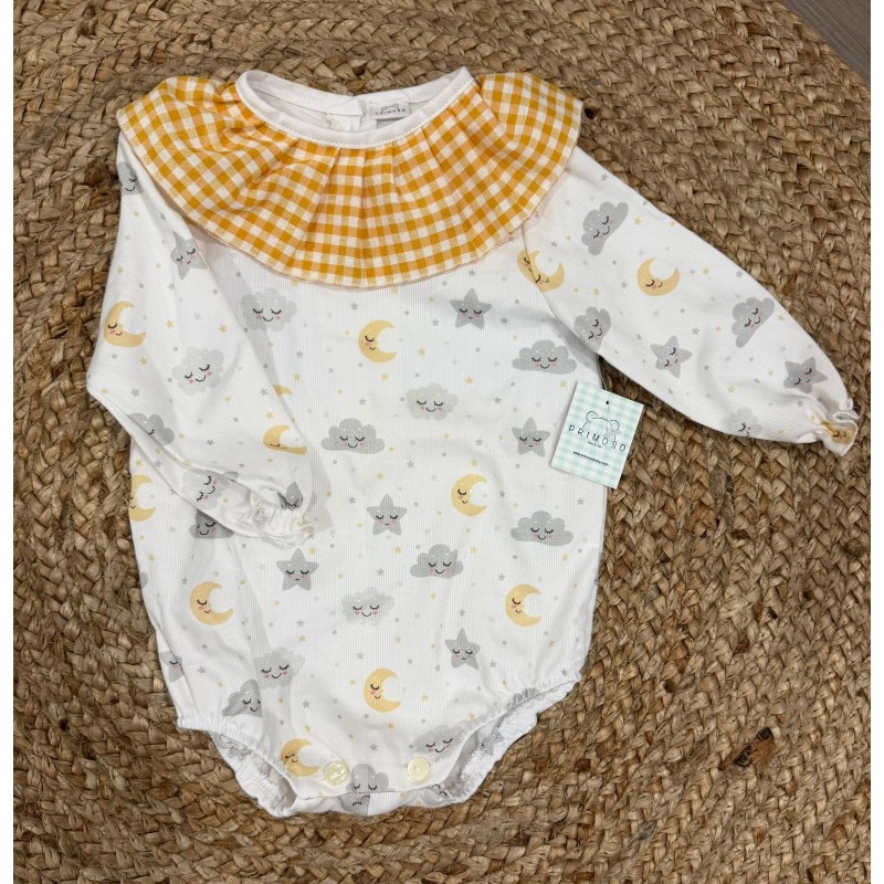 Pelele lunas y nubes cuello vichy amarillo