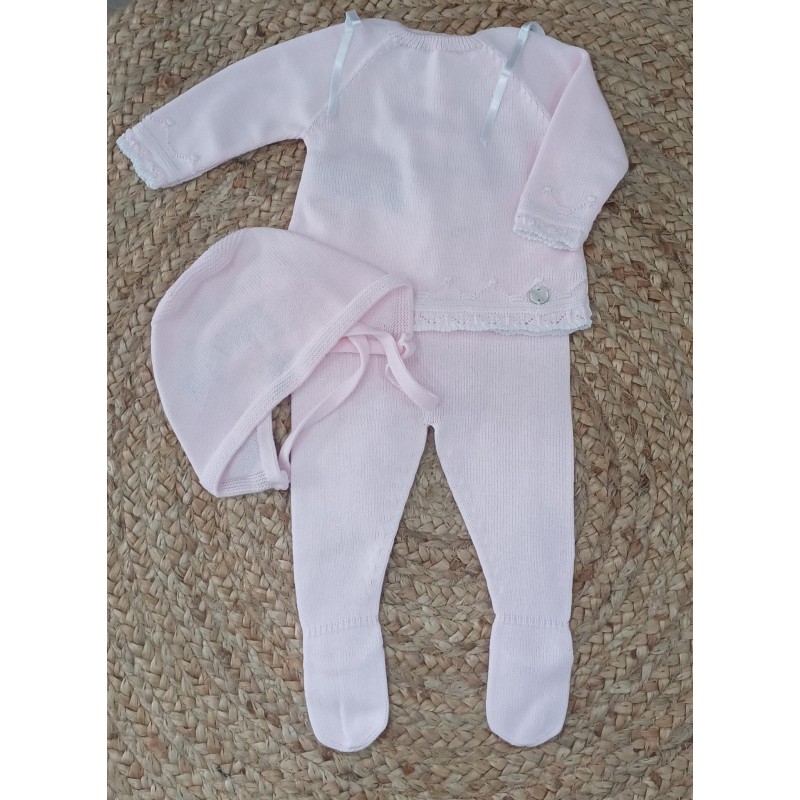 Conjunto jubon, polaina y capota rosa Paz Rodriguez