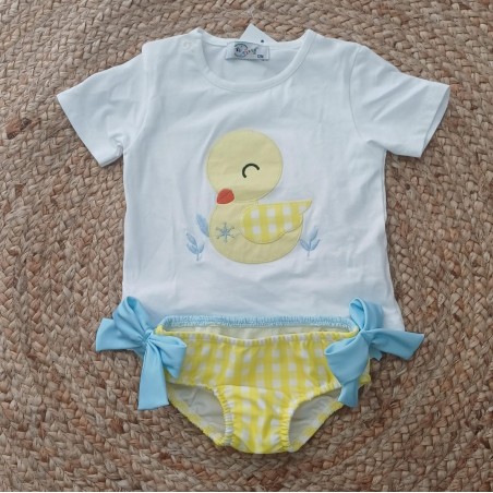 Conjunto camiseta y bañador niña patito amarillo