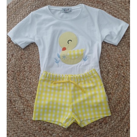 Conjunto camiseta y bañador niño patito amarillo