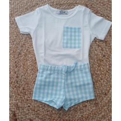 Conjunto camiseta y bañador niño vichy celeste y blanco