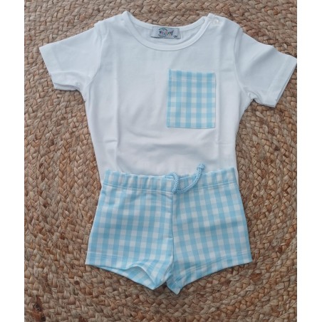 Conjunto camiseta y bañador niño vichy celeste y blanco