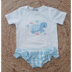 Conjunto camiseta y bañador niña tortuga celeste y blanco