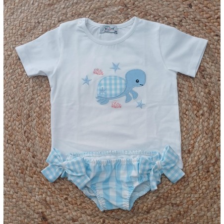 Conjunto camiseta y bañador niña tortuga celeste y blanco