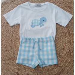 Conjunto camiseta y bañador niño tortuga celeste y blanco