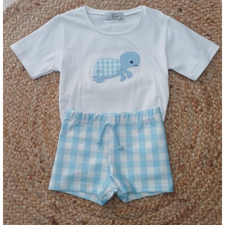 Conjunto camiseta y bañador niño tortuga celeste y blanco
