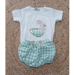 Conjunto niño conejito taza vichy verde y blanco