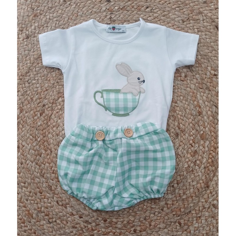 Conjunto niño conejito taza vichy verde y blanco