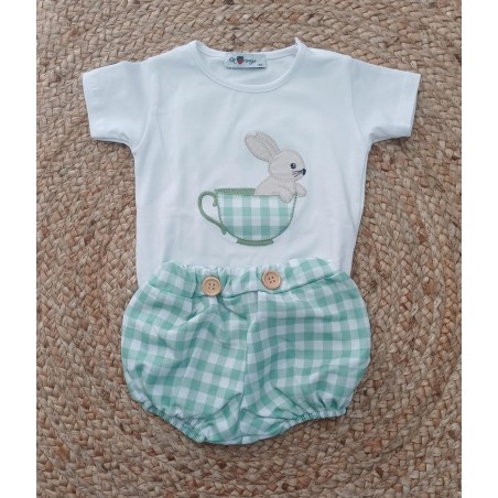 Conjunto niño conejito taza vichy verde y blanco