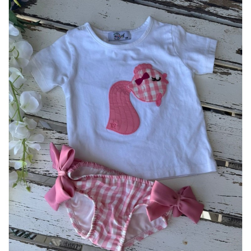 Conjunto camiseta y bañador niña pez globo rosa