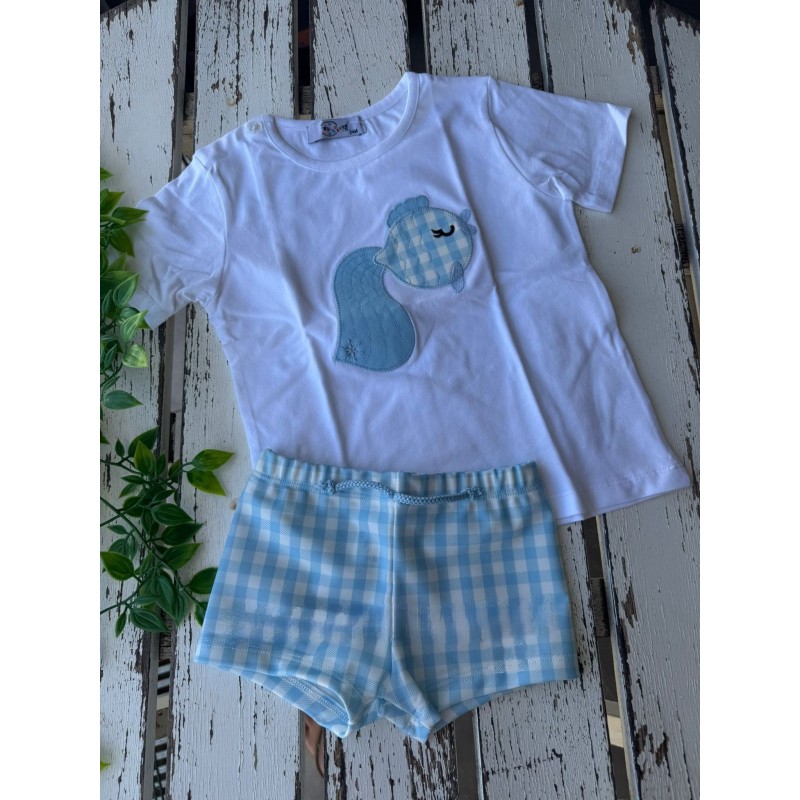 Conjunto camiseta y bañador niño pez globo celeste