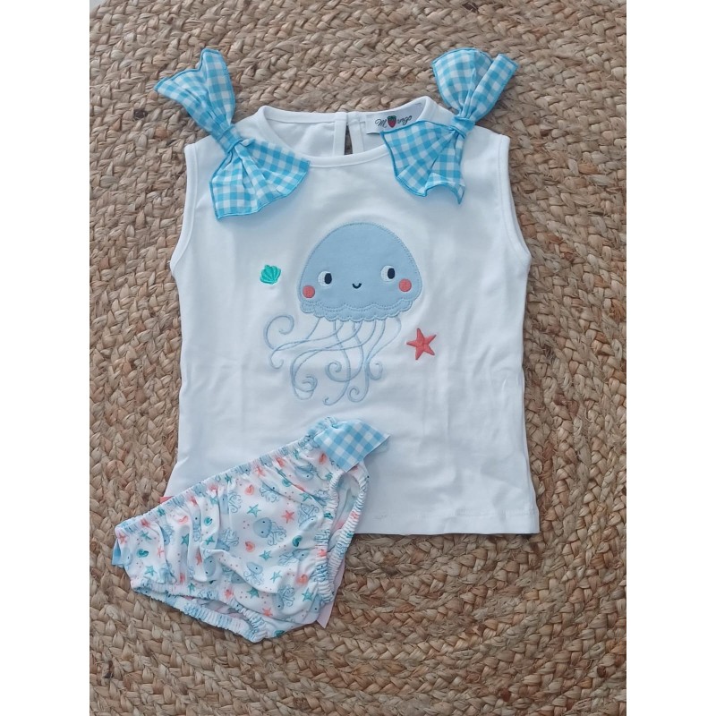 Conjunto camiseta y bañador niña pulpo celeste