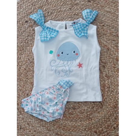 Conjunto camiseta y bañador niña pulpo celeste