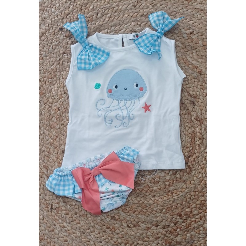 Conjunto camiseta y bañador niña pulpo celeste