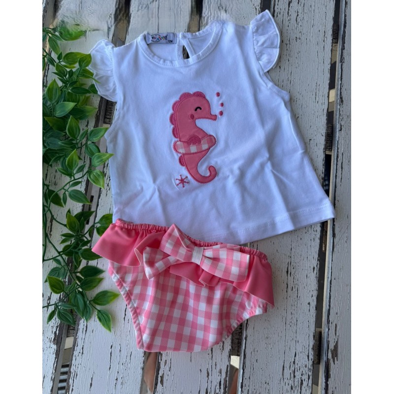 Conjunto camiseta y bañador niña caballito de mar rosa