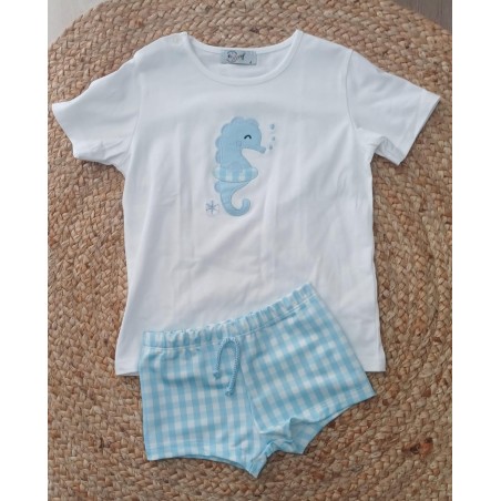 Conjunto camiseta y bañador niño caballito de mar celeste