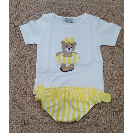 Conjunto niña camiseta y bañador osita flotador vichy amarillo