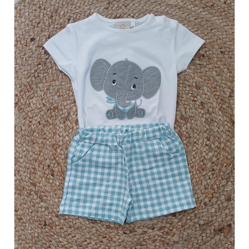 Conjunto niño camiseta y pantalon elefante vichy verde