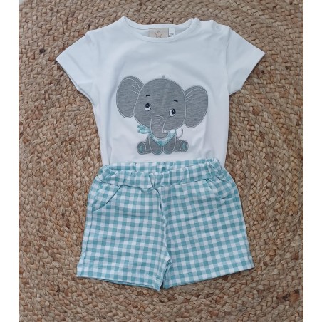 Conjunto niño camiseta y pantalon elefante vichy verde