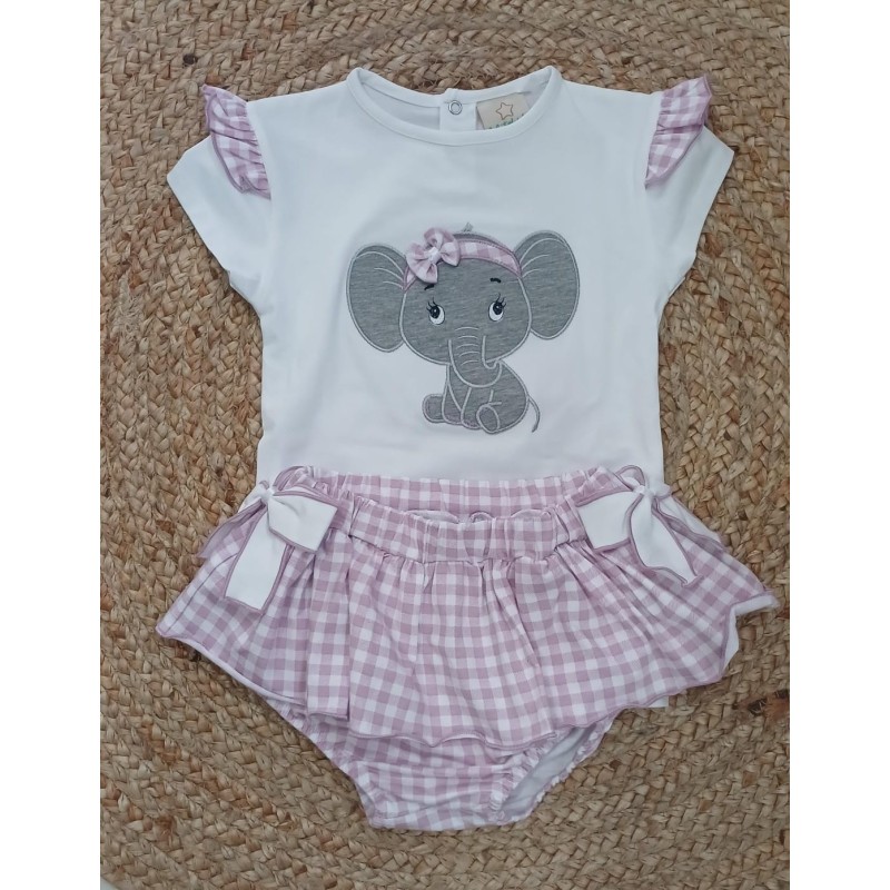 Conjunto niña camiseta y braguita elefante vichy lila