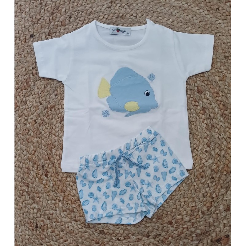 Conjunto niño camiseta y bañador pez celeste