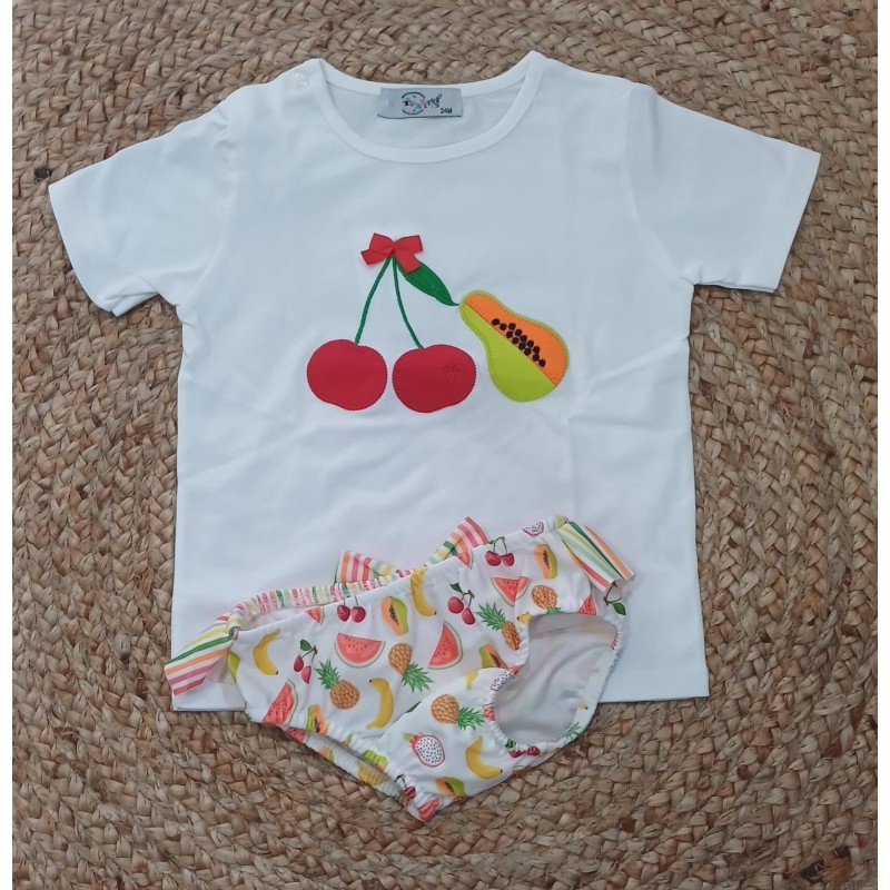 Conjunto niña camiseta y bañador frutas