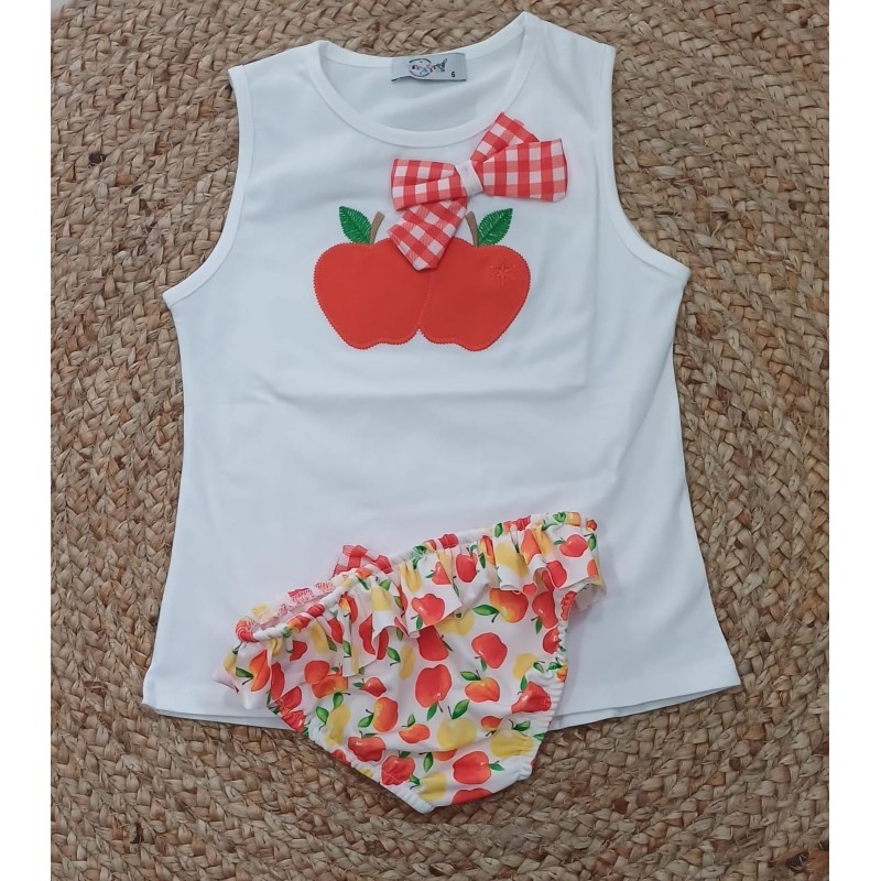 Conjunto niña camiseta y bañador manzana