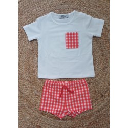 Conjunto niño camiseta y bañador vichy rojo