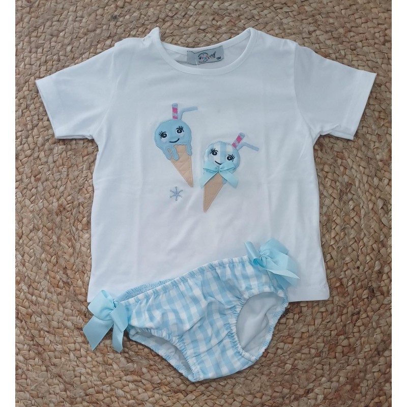 Conjunto niña camiseta y bañador helados celeste