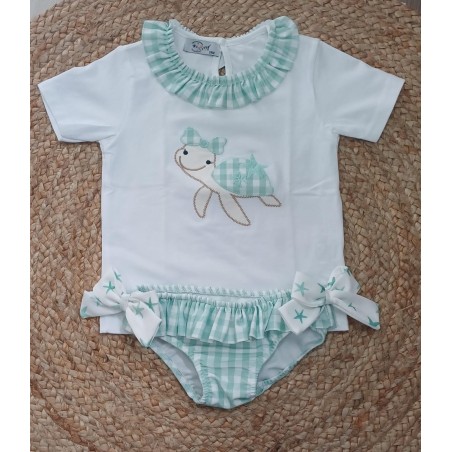 Conjunto niña camiseta y bañador tortuga verde