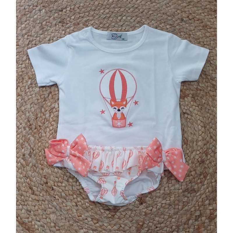 Conjunto niña camiseta y bañador zorrito en globo
