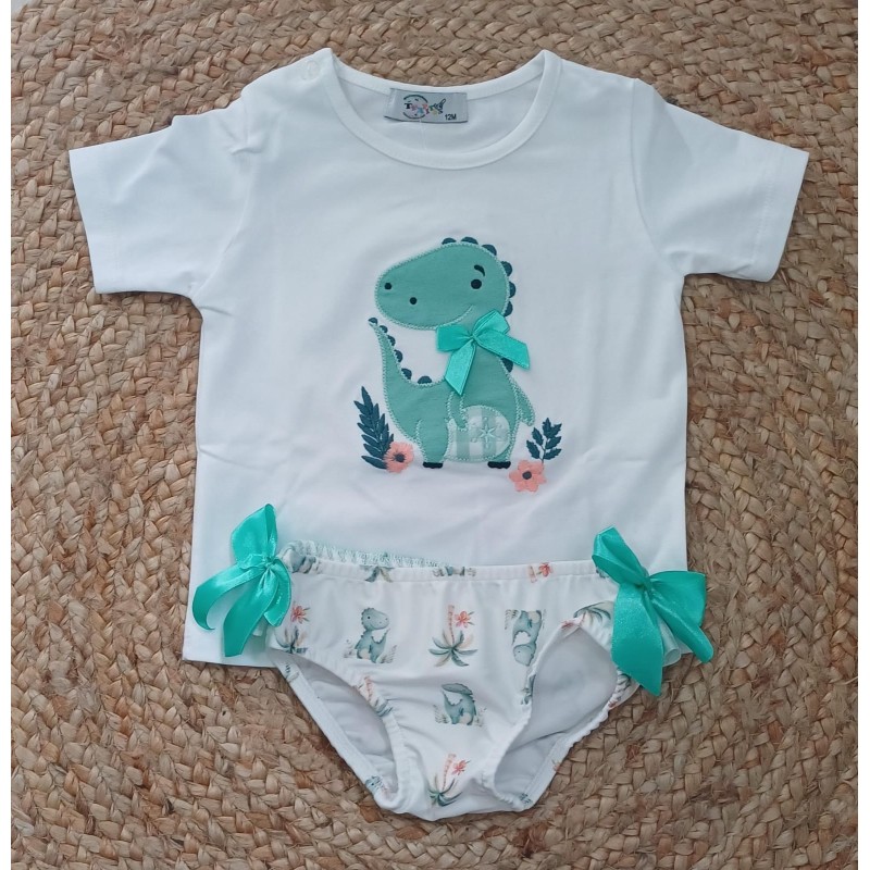 Conjunto niña camiseta y bañador dinosaurio