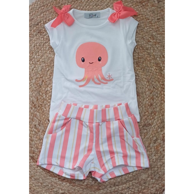 Conjunto niña camiseta y pantalon pulpo coral