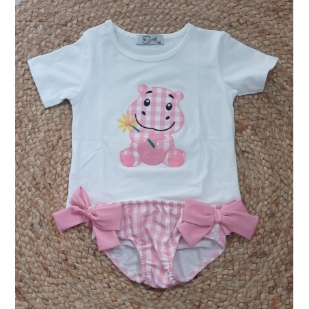 Conjunto niña camiseta y bañador hipopotamo rosa