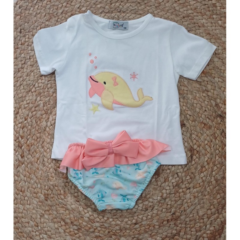 Conjunto niña camiseta y bañador delfin amarillo