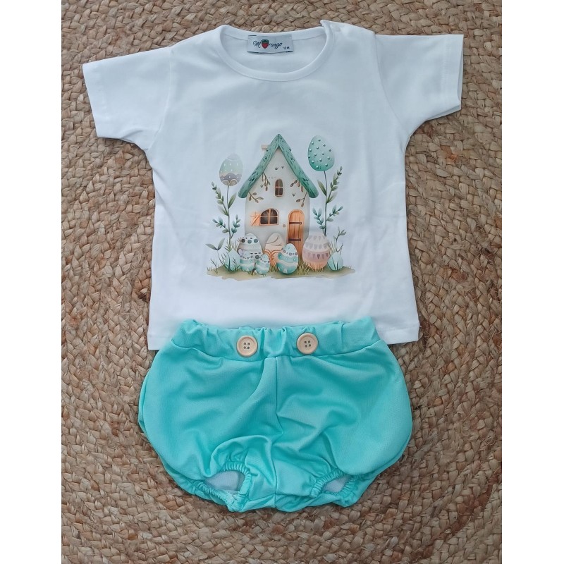 Conjunto niño camiseta y pololo casita huevos pascua