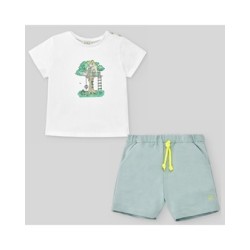 Conjunto camiseta niño "aleli" blanca y pantalón corto felpa verde agua  Colección primavera-verano 2025 de la marca española Pa