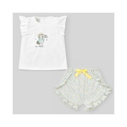 Conjunto camiseta niña "aleli" blanca y pantalón corto felpa verde agua flores  Colección primavera-verano 2025 de la marca espa